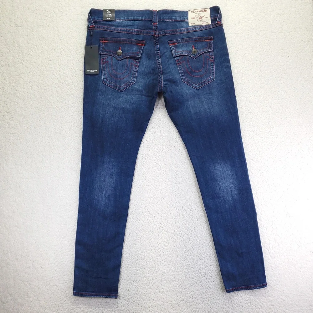 True Religion Ultra Skinny Blue Indigo Jeans Red Contrast Stitch W38 L32 NEW